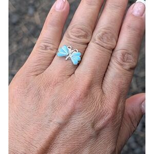 Zuni Inlay Ring Insect Butterfly Sterling Silver 8.25 Unsigned Native Jewelry **